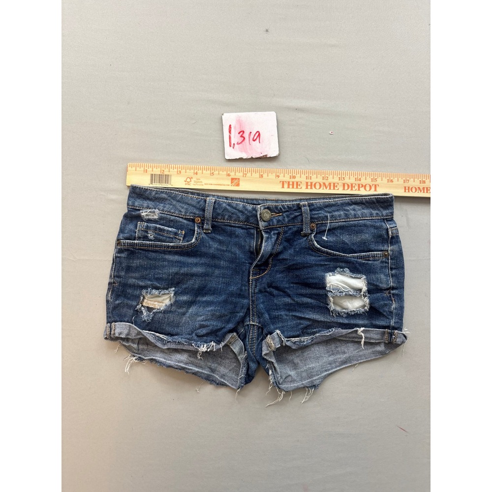 Aeropostale Shorty Distressed Denim Shorts Dark Wash Size 4 Low Rise Frayed Hem